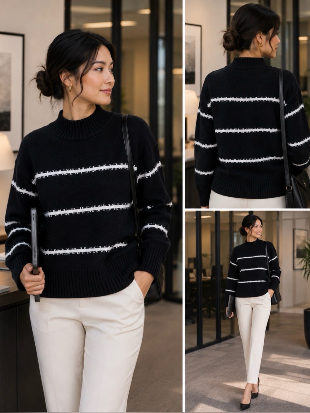 Nine West Women’s Large Black White Striped Mock Neck Sweater